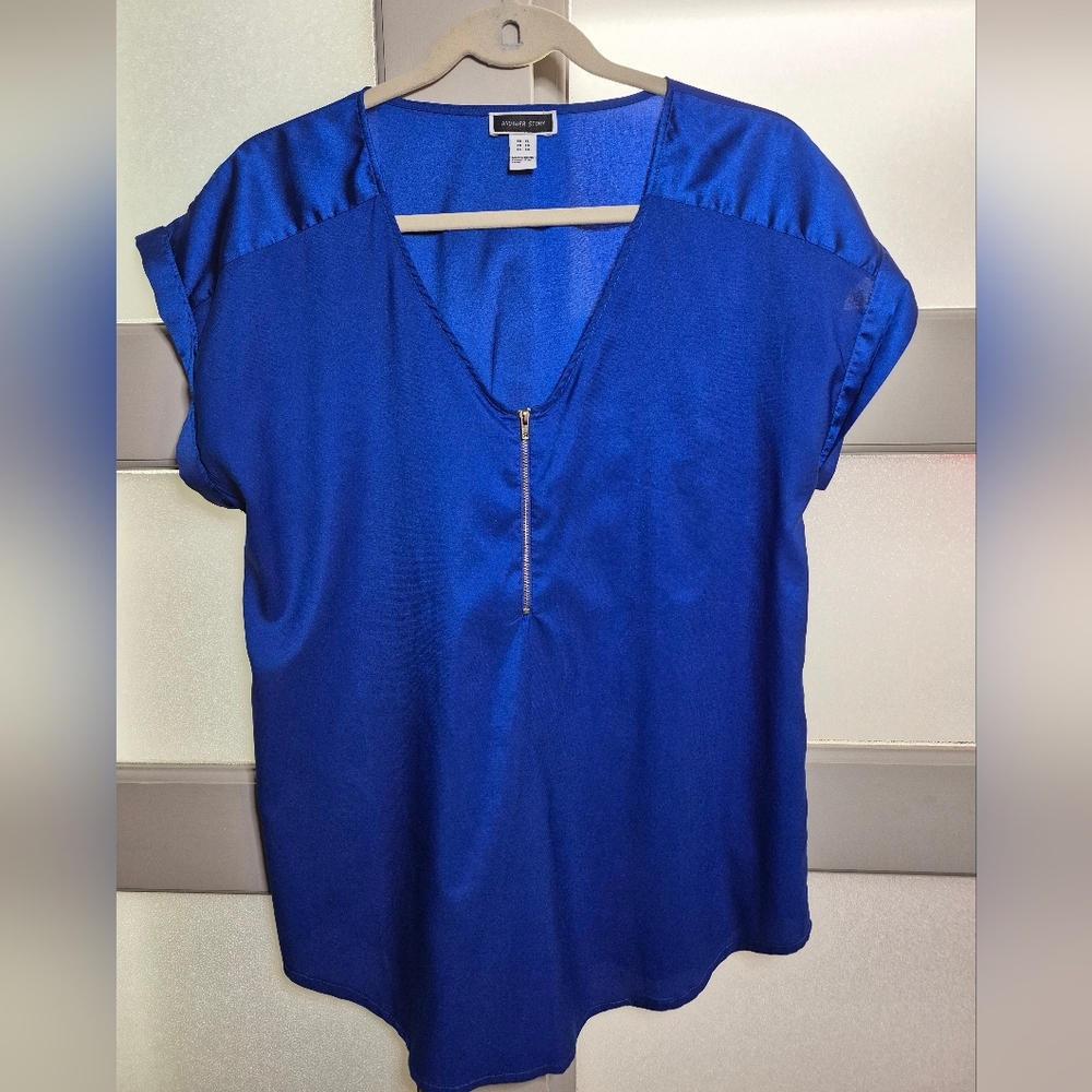 Vibrant Blue Cap Sleeve Blouse with Notched Collar